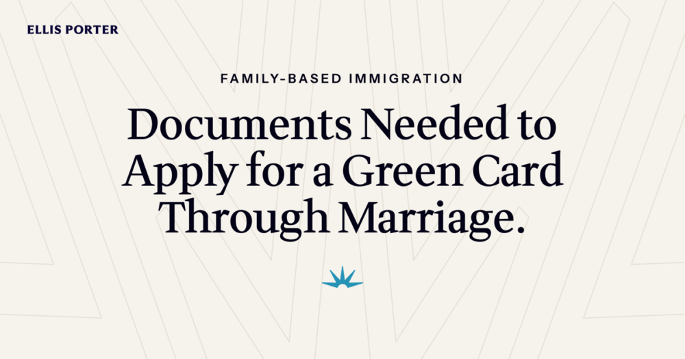Couple organizing documents and evidence for a marriage-based green card application.