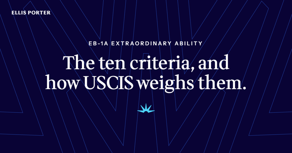 Checklist of the ten EB-1A extraordinary ability criteria with supporting evidence.